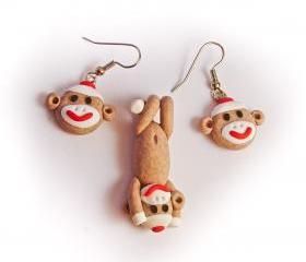 Brown Sock Monkey Pendant and Earring Set in Polymer Clay