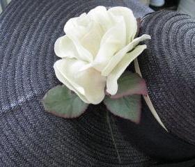 Navy Straw Ladies Hat with Creamy Velvet Rose Vintage 60s