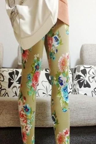 Nice Brown Floral Print Graffiti Leggings Nice Brown Floral Print Graffiti Leggings