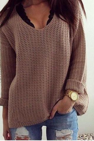 Fashion Cross Pullover Long Sleeve Sweater - Beige on Luulla